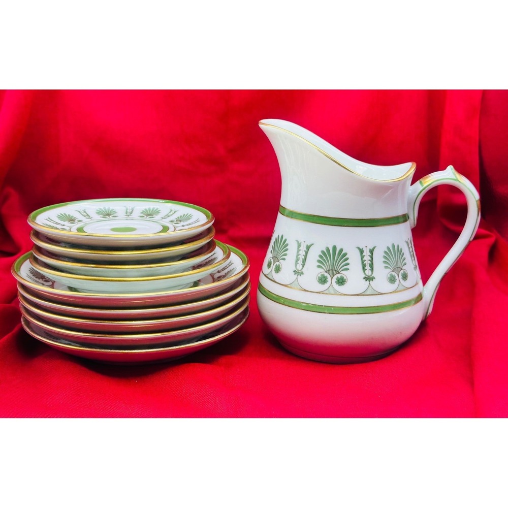 Vintage Green Gold Greek Key Palmette Porcelain Creamer and 8 Saucer Set